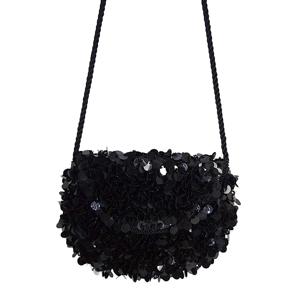 Black Sequin Round Shoulder Bagโ Evening Purse with Beaded Accent & Rope Strap